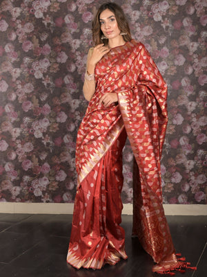 Rajwada Red Cotton Blend Woven Saree with Unstitched Blouse for Women