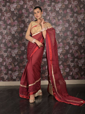 Rajwada Maroon Embroidered Georgette Saree Without Blouse For Women