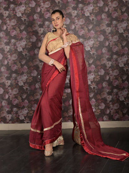Rajwada Maroon Embroidered Georgette Saree Without Blouse For Women