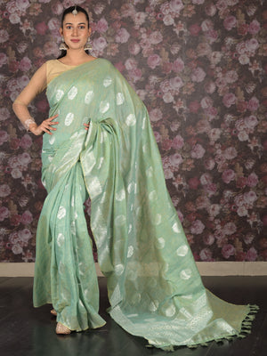 Rajwada Sea Green Woven Cotton Silk Blend Saree With Unstitched Blouse For Women
