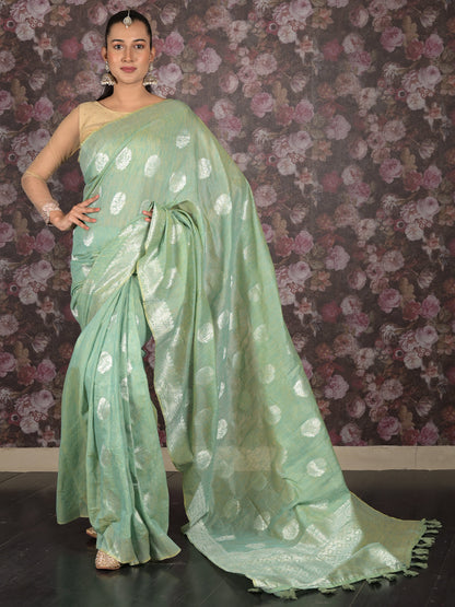 Rajwada Sea Green Woven Cotton Silk Blend Saree With Unstitched Blouse For Women