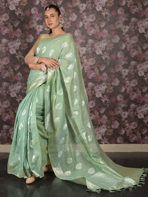 Rajwada Sea Green Woven Cotton Silk Blend Saree With Unstitched Blouse For Women