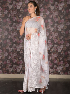Rajwada White Printed Polyester Saree Without Blouse For Women