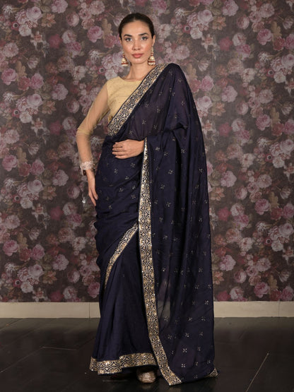 Rajwada Navy Blue Sequins Embroidered Silk Blend Saree with Unstitched Blouse for Women