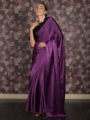 Rajwada Purple Solid Satin Saree With Unstitched Blouse For Women