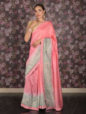 Rajwada Pink Embroidered Mercerized Cotton Saree with Unstitched Blouse for Women
