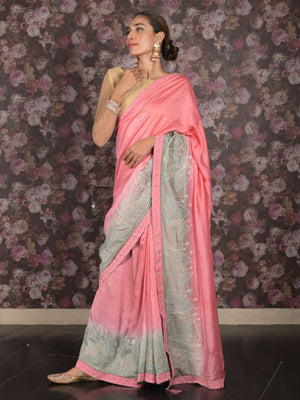 Rajwada Pink Embroidered Mercerized Cotton Saree with Unstitched Blouse for Women