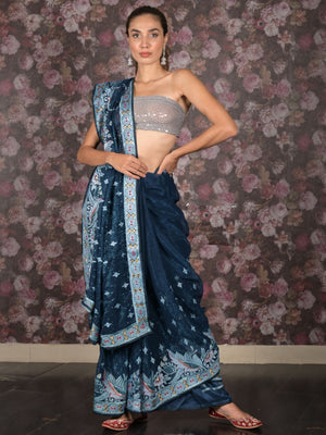 Rajwada Teal Embroidered Tissue Saree With Unstitched Blouse For Women