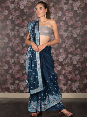 Rajwada Teal Embroidered Tissue Saree With Unstitched Blouse For Women