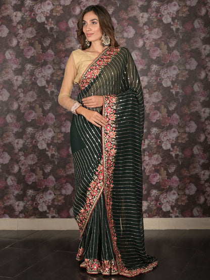 Rajwada Dark Green Sequins Embroidered Georgette Saree with Unstitched Blouse