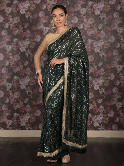 Rajwada Dark Green Sequins Embroidered Gota Lace Georgette Saree with Unstitched Blouse for Women