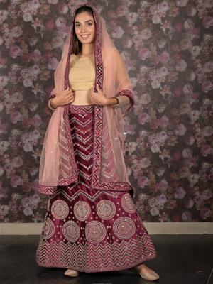 Rajwada Purple Semi stitched Sequins Embroidered Velvet Lehenga with Unstitched Blouse And Dupatta For Women