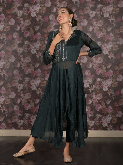 Rajwada Dark Green Embroidered Long Stitched Kurta Set For Women
