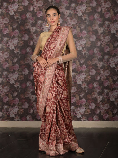 Rajwada Brown Cotton Blend Woven Saree with Unstitched Blouse for Women