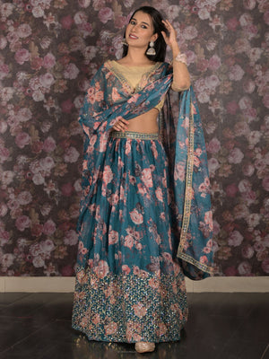 Rajwada Teal Embroidered Lehenga Set With Dupatta And Unstitched Blouse For Women