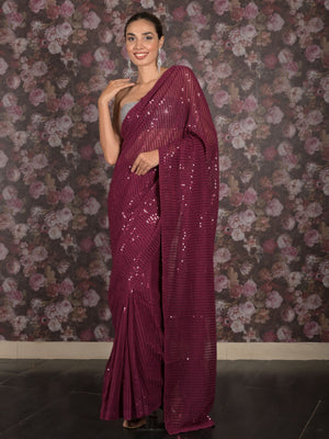 Rajwada Purple Sequins Embroidered Georgette Saree with Unstitched Blouse for Women