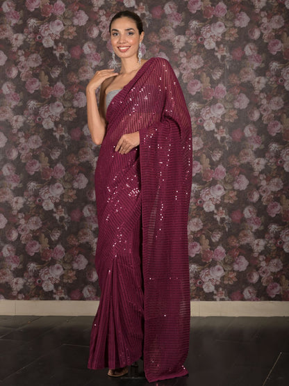 Rajwada Purple Sequins Embroidered Georgette Saree with Unstitched Blouse for Women