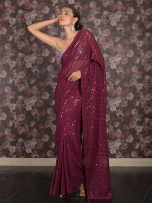 Rajwada Purple Sequins Embroidered Georgette Saree with Unstitched Blouse for Women