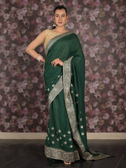 Rajwada Green Embroidered Gerogette Saree with Unstitched Blouse for Women