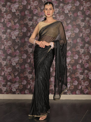 Rajwada Black Embroidered Satin Saree With Unstitched Blouse For Women
