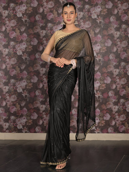 Rajwada Black Embroidered Satin Saree With Unstitched Blouse For Women