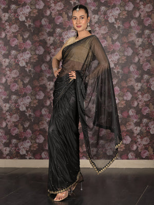 Rajwada Black Embroidered Satin Saree With Unstitched Blouse For Women