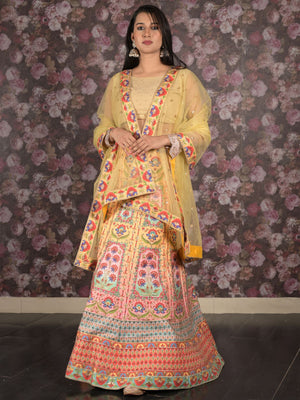 Rajwada Yellow Heavy Printed Embroidered Silk Blend Semi-Stitched Lehenga with Unstitched Blouse for Women