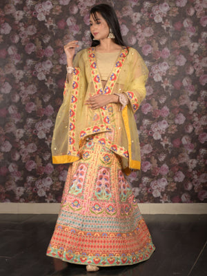 Rajwada Yellow Heavy Printed Embroidered Silk Blend Semi-Stitched Lehenga with Unstitched Blouse for Women