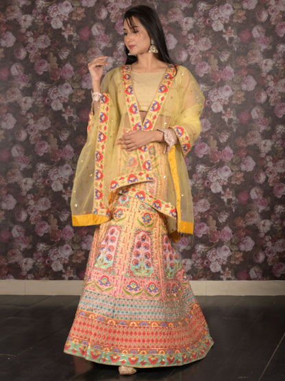 Rajwada Yellow Heavy Printed Embroidered Silk Blend Semi-Stitched Lehenga with Unstitched Blouse for Women