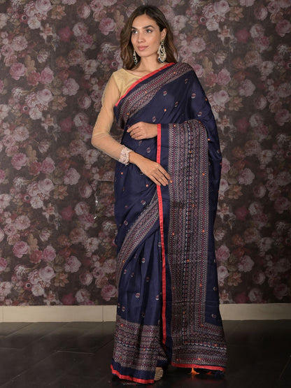 Rajwada Dark Blue Cotton Blend Woven Saree with Unstitched Blouse for Women