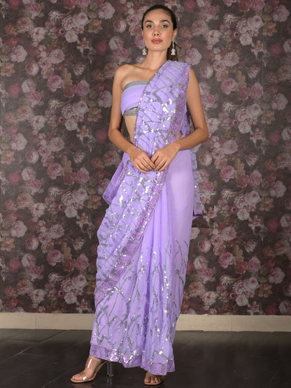 Rajwada Lavendar Sequins Embroidered Georgette Saree With Unstitched Blouse For Women