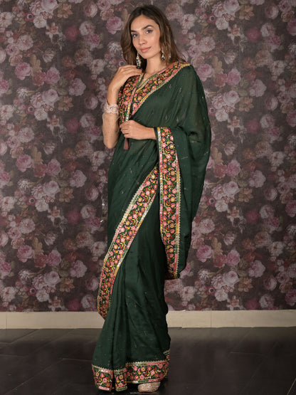 Rajwada Dark Green Embellished Satin Saree with Unstitched Blouse for Women