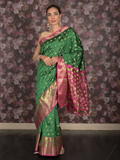 Rajwada Green Silk Blend Woven Saree with Unstitched Blouse for Women