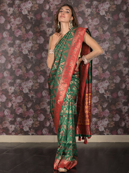 Rajwada Green Ethnic Woven Silk Blend Saree Without Blouse for Women