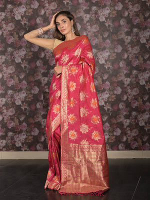 Rajwada Magenta Silk Blend Woven Saree with Unstitched Blouse for Women