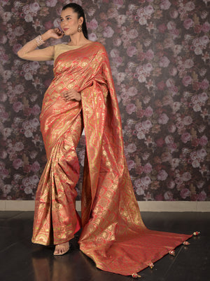 Rajwada Red Shaded Patola Silk Woven Saree with Unstitched Blouse for Women