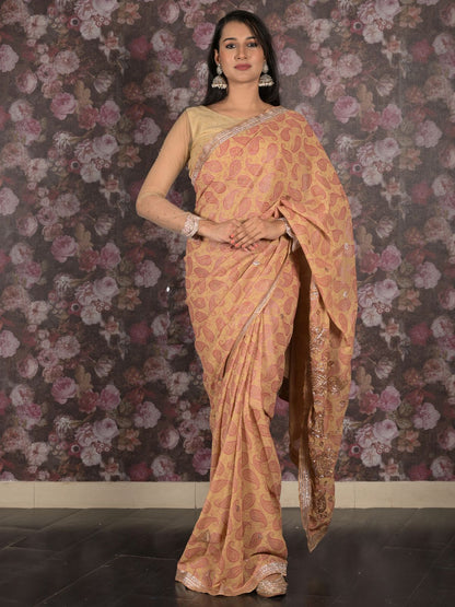 Rajwada Beige Embroidered Georgette Saree Without Blouse For Women