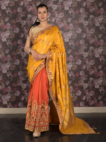 Rajwada Mustard Woven Silk Blend Saree With Unstitched Blouse For Women