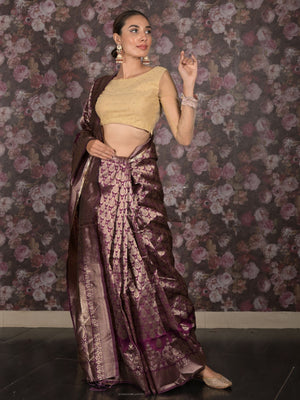 Rajwada Purple Silk Blend Woven Saree with Unstitched Blouse for Women
