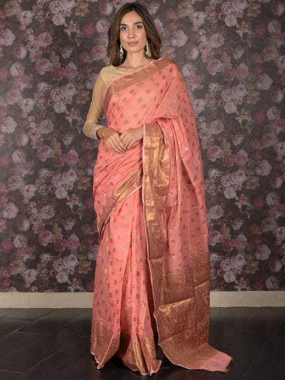 Rajwada Peach Woven Silk Blend Saree With Unstitched Blouse For Women