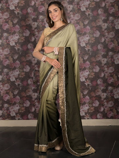 Rajwada Dark Green Woven Silk Blend Saree With Unstitched Blouse For Women