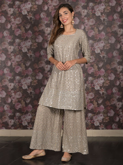 Rajwada Grey Mirror Embroidered Crepe Stitched Kurta Set For Women