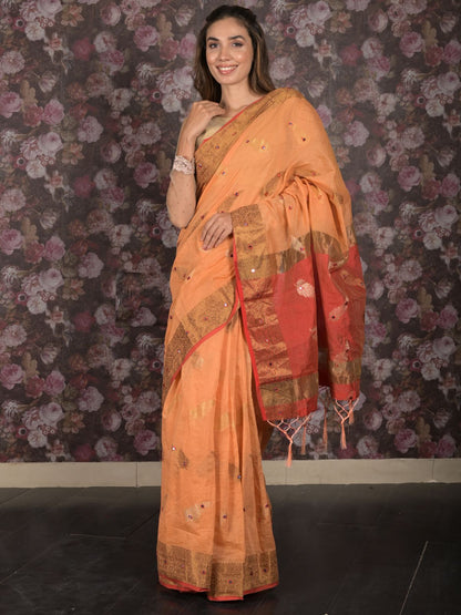 Rajwada Orange Woven Cotton Silk Blend Saree With Unstitched Blouse For Women