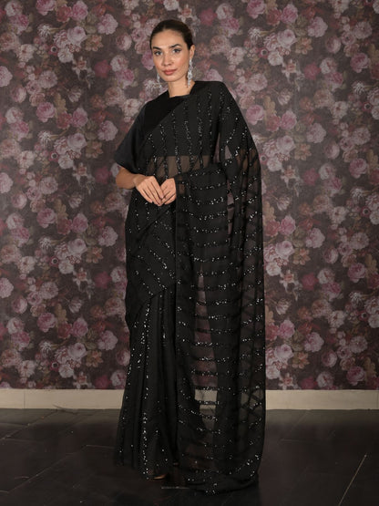 Rajwada Black Sequins Embroidered Georgette Saree for Women