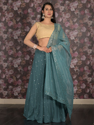 Rajwada Teal Embroidered Semi Stitched Georgette Lehenga Set With Dupatta And Unstitched Blouse For Women
