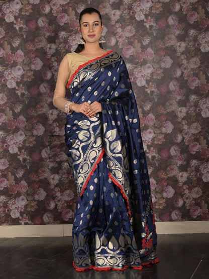 Rajwada Dark Blue Woven Silk Blend Saree With Unstitched Blouse For Women