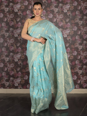Rajwada Light Blue Woven Silk Blend Saree With Unstitched Blouse For Women