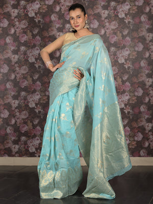 Rajwada Light Blue Woven Silk Blend Saree With Unstitched Blouse For Women