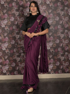 Rajwada Purple Sequins Embroidered Polyester Ruffles Saree with Unstitched Blouse for Women