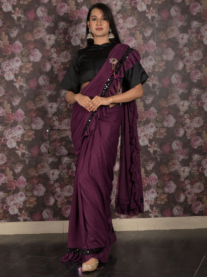 Rajwada Purple Sequins Embroidered Polyester Ruffles Saree with Unstitched Blouse for Women